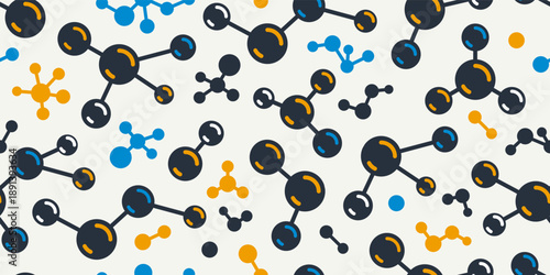 Molecules seamless pattern, vector endless background with a lot of different molecules that can be used separately as an icons or illustrations, chemistry and pharma wallpaper.