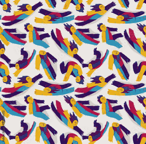 Levitating people seamless background, concept of freedom and imagination, peaceful and tranquil theme tiling wallpaper, dreamers floating among the clouds.