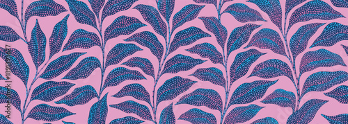 Seamless dotted leaf pattern with blue foliage on pink background. Modern botanical design in halftone dot style, ideal for fabric, wallpaper, packaging, fashion and home decor.