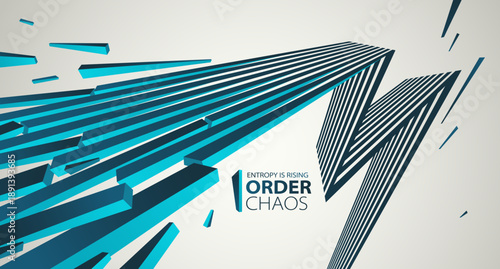 Entropy concept vector abstract background with debris flying in chaos, destruction theme wallpaper, exploded pieces disorder 3D design