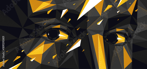 Boy male face low poly vector illustration, dark wallpaper with face and eyes looking at camera, artificial intelligence AI concept, psychology and personality.