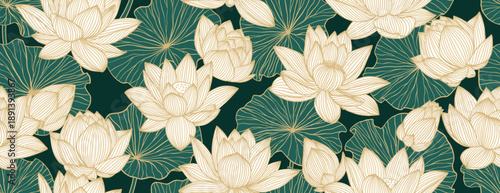 Chinese seamless pattern with lotuses. Gold line drawing of lotus flowers and leaves on a dark green background. Hand drawn botanical elegant golden waterlily flower in line art style