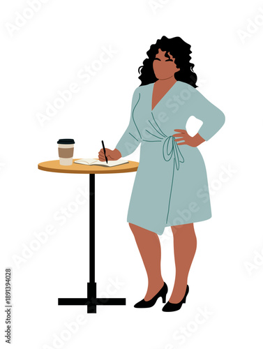 Flat vector of a woman in a mint wrap dress writing in a notebook at a round wooden table with coffee, on transparent background, perfect for lifestyle and work designs.