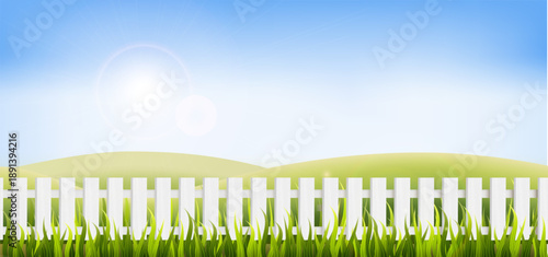 White fence and green lawn backgroiund, vector