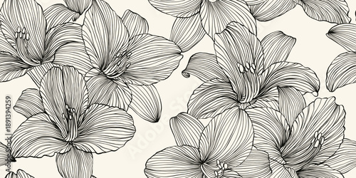 Luxury background with lily flowers seamless pattern. Hand drawn botanical elegant black and white lily flower in line art style. Vector card, wedding invitation, wallpaper, cover