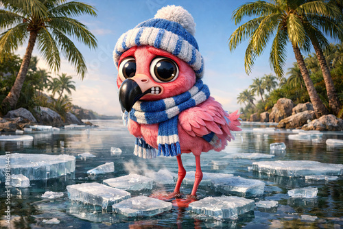 Frozen Winter Tropical Flamingo Character with Big Eyes on a Pond of Ice. Winter in Warm Places Concept © JJAVA