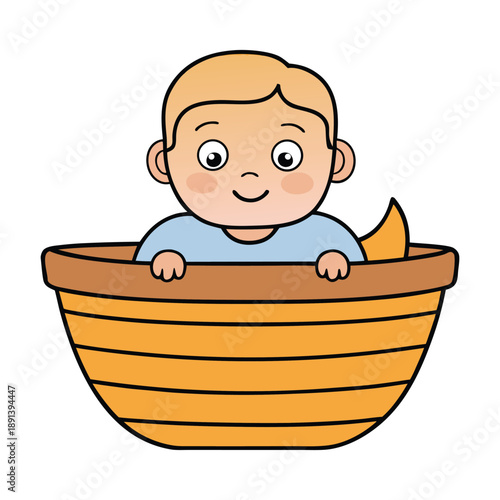 Gentle scene of baby Moses resting in a woven basket, floating on calm river waters, surrounded by reeds and soft light, symbolizing hope, faith, and divine protection.
