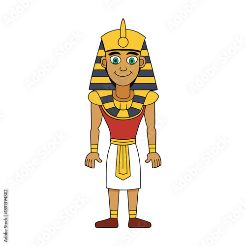 An Egyptian pharaoh stands tall in regal pose, crowned with gold, holding a crook and flail, eyes calm and commanding, echoing power, divinity, and timeless rule.
