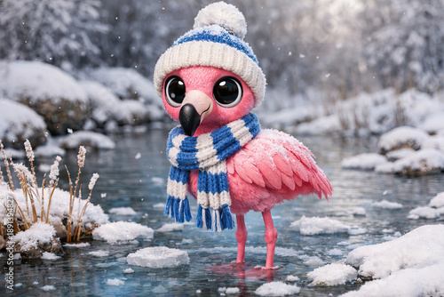 Frozen Winter Tropical Flamingo Character with Big Eyes on a Pond of Ice. Winter in Warm Places Concept