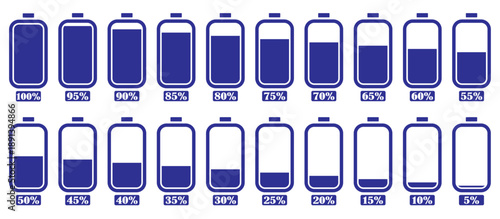 Battery charge level icons showing empty, low, medium, and full power states. Clean battery symbols for UI, app interface, device status indicators, and energy level display.