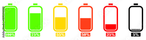 Battery charge level icons set showing full, medium, low and empty power status. Ideal for UI, app interface, device indicators, energy status, charging symbols and digital dashboard use.
