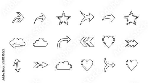 Variety of Icons: A collection of various icons and symbols, presenting a range of choices for visual communication. Representing a modern style with sleek minimalist designs.