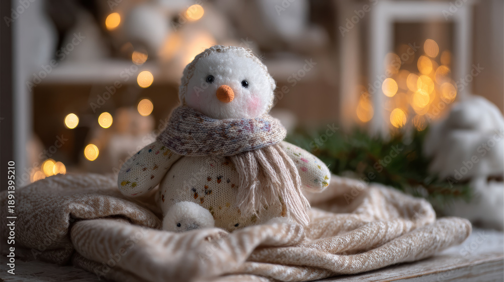 Obraz premium Cute snowman decoration winter plush toy cozy holiday decor soft knitted scarf warm bokeh light festive home interior Christmas ornament figure