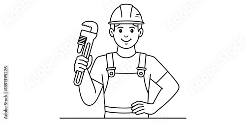 A happy plumber wearing overalls and a hard hat holds a wrench Vector, illustration