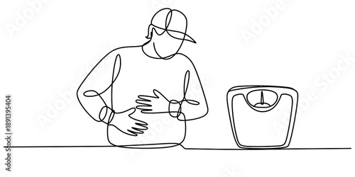 Man worried about his weight, standing next to a scale Vector, illustration