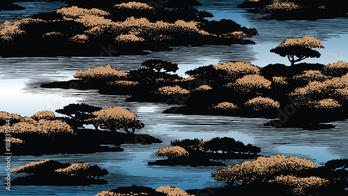 Traditional Japanese-style landscape featuring tan islands with stylized trees in a blue river. Hand-drawn etching and horizontal line textures create a vintage Ukiyo-e aesthetic.