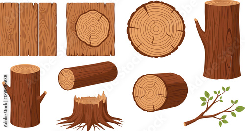 Wood log and tree trunk vector set with stump, branches and timber texture elements illustration collection