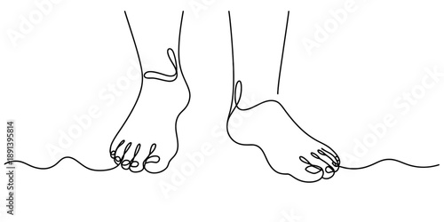 A continuous line art illustration showing two human feet standing or walking Vector, illustration