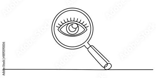 Continuous line drawing representing a magnifying glass focusing on an eye, symbolizing detailed inspection Vector, illustration
