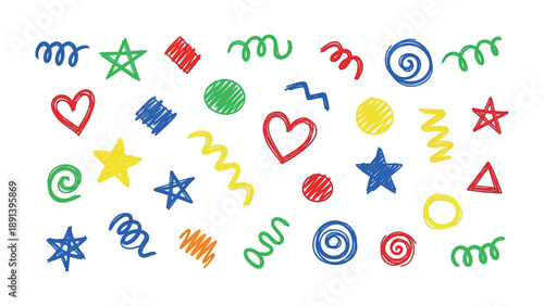 Joyful Doodle of Colorful Celebration: A whimsical display of vibrant doodles, including hearts, stars, swirls, and abstract shapes, comes alive with a spectrum of colors.