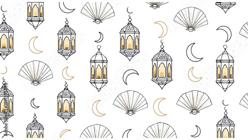 Golden ramadan nights : seamless lantern and moon pattern