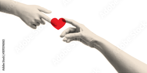 Halftone Graphic Collage of Two Hands Reaching to Touch a Red Heart. Human hands cut out of newspaper isolated on transparent background. Vector design element for mixed media design.