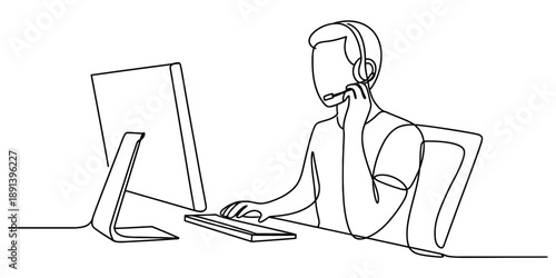 Continuous line art drawing of a customer service representative working on a computer with a headset. Vector, illustration