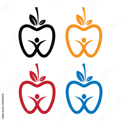 Healthy colorful apple person logo for wellness designs,Apple icon set. Apple vector icon template