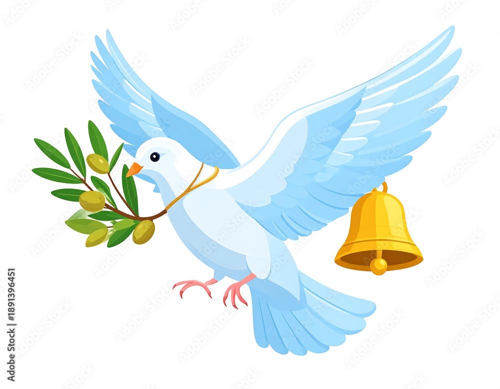 Obraz premium A white dove in flight, holding an olive branch and a golden bell