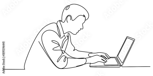 Continuous line drawing of a person focused on working at a laptop computer Vector, illustration