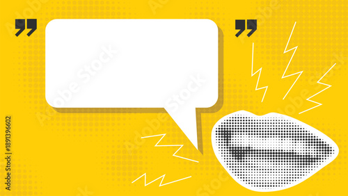 Bright yellow banner in collage style. Feedback. Female lips with halftone effect and dialog box for text. Expressing an opinion concept, vector graphic