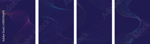 Abstract digital waveform pattern collection on dark blue background, futuristic sound wave visualization