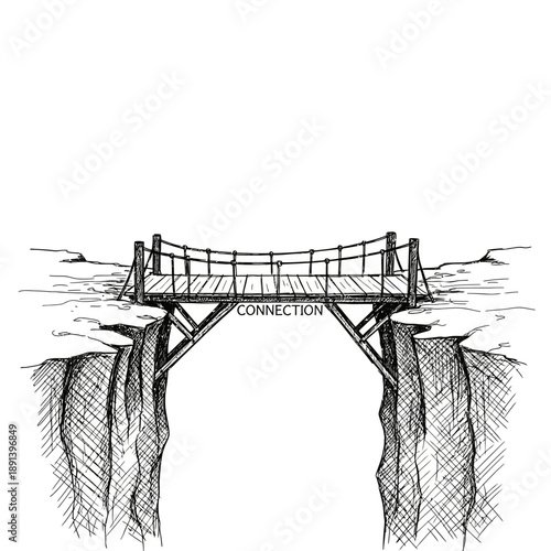Suspension Bridge Connecting Cliffs with Connection Sign, Black and White Sketch vector icon