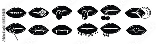 collection of women s lips black contour doodle vector