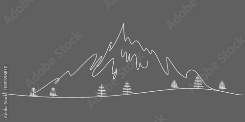Minimalist continuous line art drawing of a mountain range and fir trees on a gray background Vector, illustration