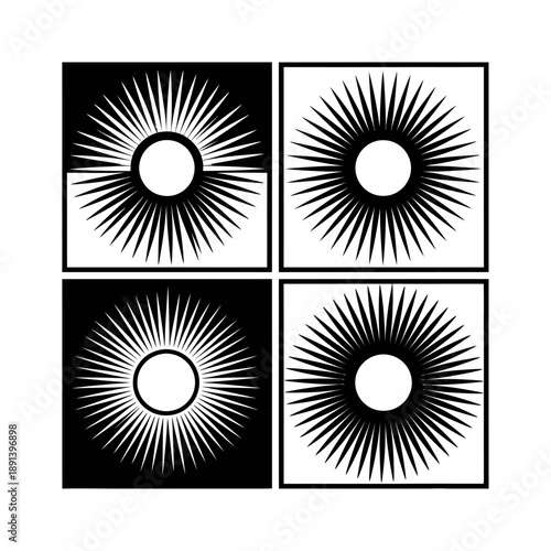 Black and White Sunburst Icon Set with Radial Lines and Central Circle vector icon