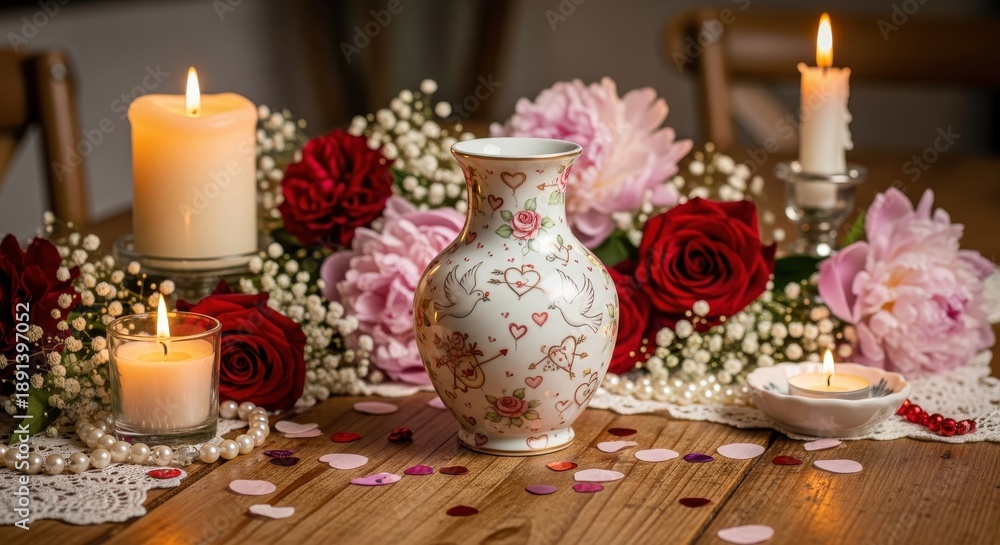 Fototapeta premium Romantic table setting features lit candles surrounding a decorative floral vase with scattered accents.