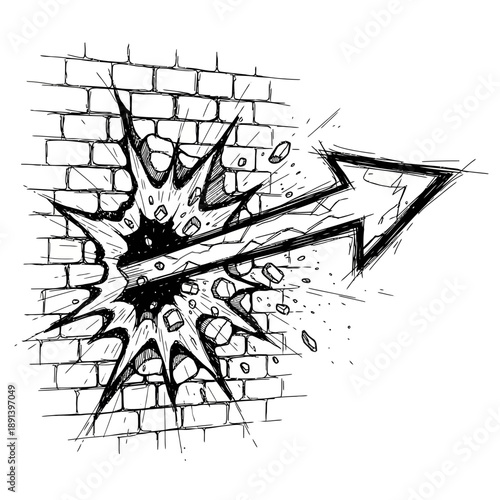 Black Arrow Breaking Through Brick Wall, Shattered Bricks, Isolated on White and Graffiti Style