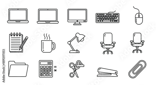 A collection of office supplies and electronics are arranged in a grid of icons.