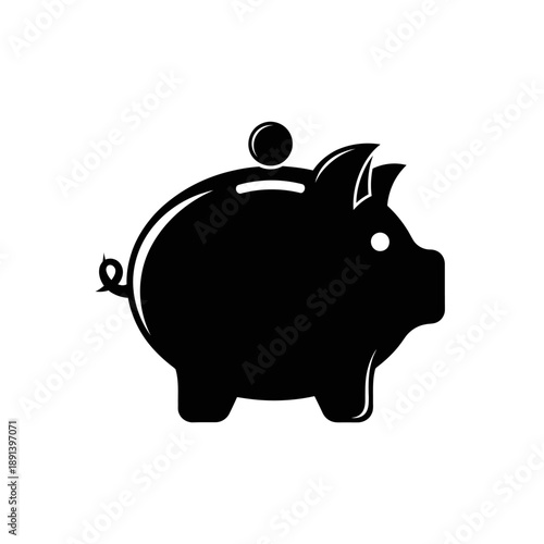 Piggy Bank Silhouette with Coin Isolated on White Background