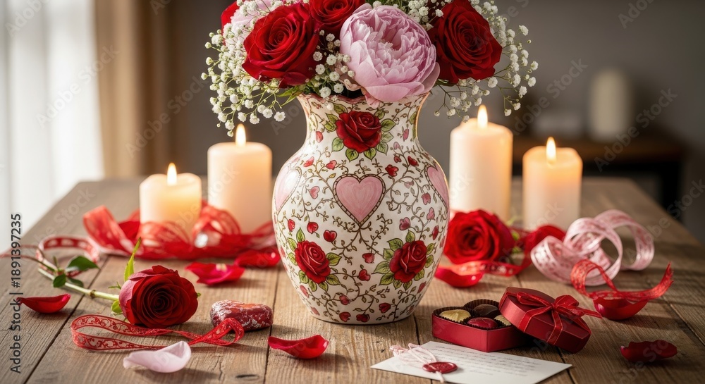 Obraz premium Romantic floral arrangement with lit candles and sweet treats suggests an intimate celebration.