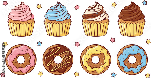 Cute dessert vector set with cupcakes and colorful donuts decorated with frosting and sprinkles cartoon illustration