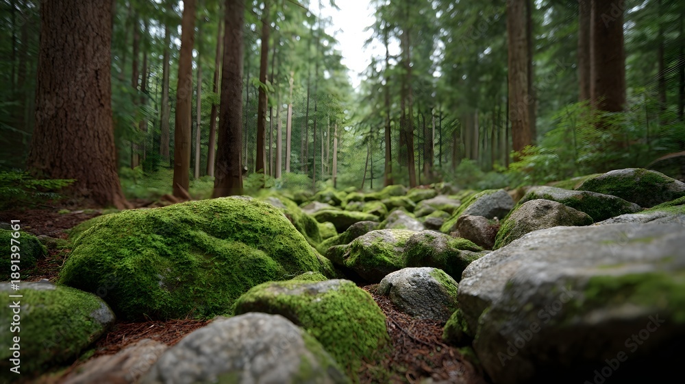 Fototapeta premium A forest path covered in mossy rocks leads through tall evergreen trees