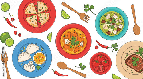 Delicious food dishes vector set with pizza, soup, dumplings, salad and tableware ingredients illustration collection