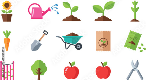 Gardening and planting vector set with watering can, seedlings, shovel, wheelbarrow, seeds and garden tools illustration
