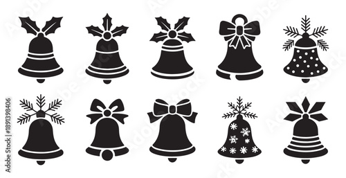 Collection of christmas bells with festive adornments like holly and bows on white background vector set