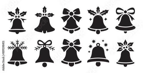 Group of christmas bells with various decorations and snowflakes, isolated on white background vector art