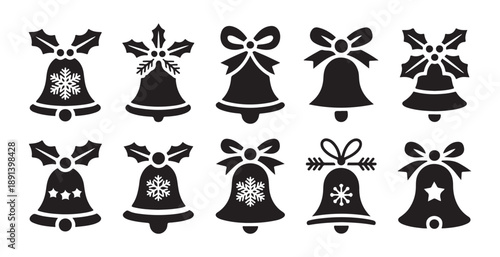 Set of christmas bells with snowflake and star designs, adorned with holly and bows on white background