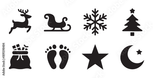 Christmas holiday icons set with reindeer sleigh snowflake tree gift bag footprints star and moon