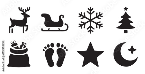 Winter holiday icons pack featuring reindeer sleigh snowflake christmas tree bag footprints and star